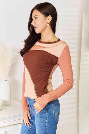 Distinctive Exposed Seam Color Block Long Sleeve Top - MXSTUDIO.COM