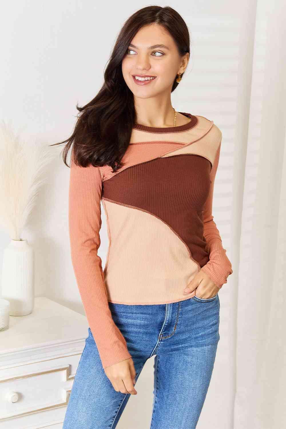 Distinctive Exposed Seam Color Block Long Sleeve Top - MXSTUDIO.COM