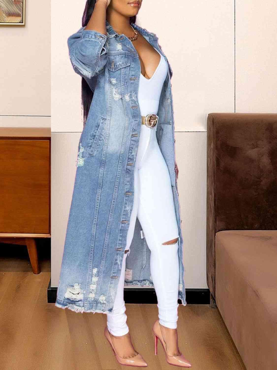 Distressed Longline Denim Jacket - MXSTUDIO.COM