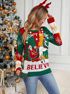 Don't Stop Believing Graphic Christmas Printed Sweater-MXSTUDIO.COM