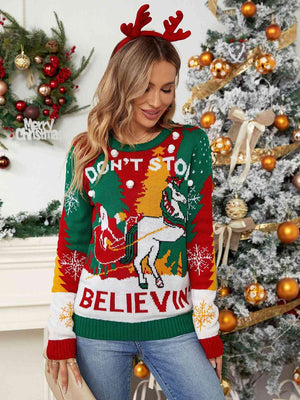 Don't Stop Believing Graphic Christmas Printed Sweater-MXSTUDIO.COM