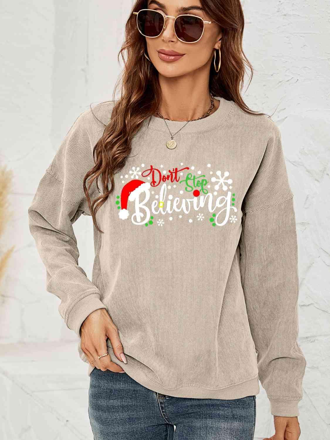Don't Stop Believing Graphic Christmas Sweatshirt-MXSTUDIO.COM
