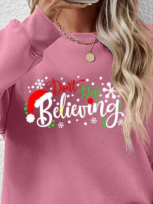 Don't Stop Believing Graphic Christmas Sweatshirt-MXSTUDIO.COM