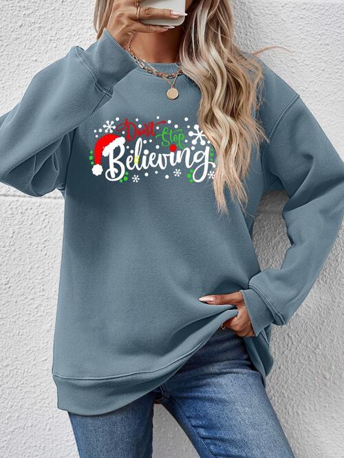 Don't Stop Believing Graphic Christmas Sweatshirt-MXSTUDIO.COM