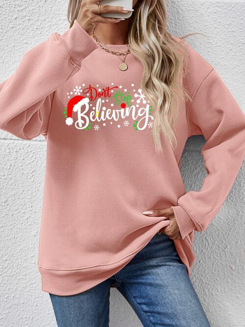 Don't Stop Believing Graphic Christmas Sweatshirt-MXSTUDIO.COM