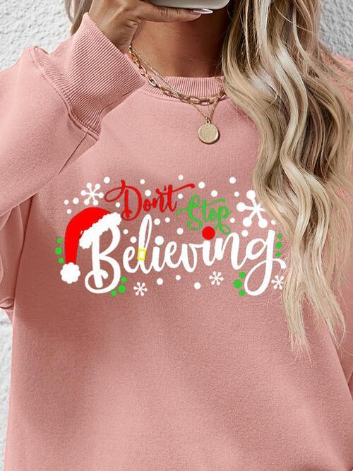 Don't Stop Believing Graphic Christmas Sweatshirt-MXSTUDIO.COM