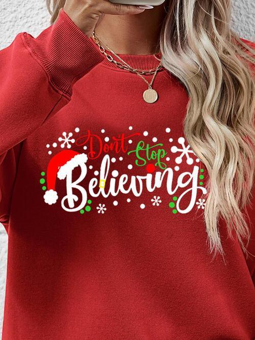 Don't Stop Believing Graphic Christmas Sweatshirt-MXSTUDIO.COM