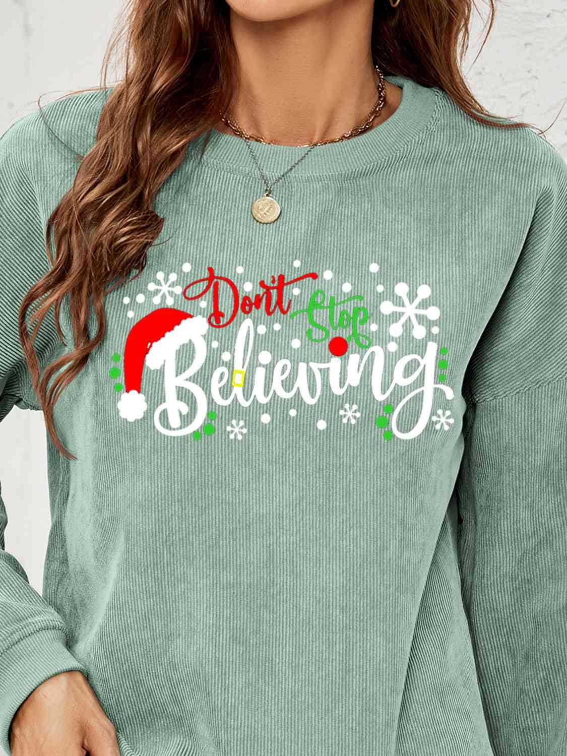 Don't Stop Believing Graphic Christmas Sweatshirt-MXSTUDIO.COM