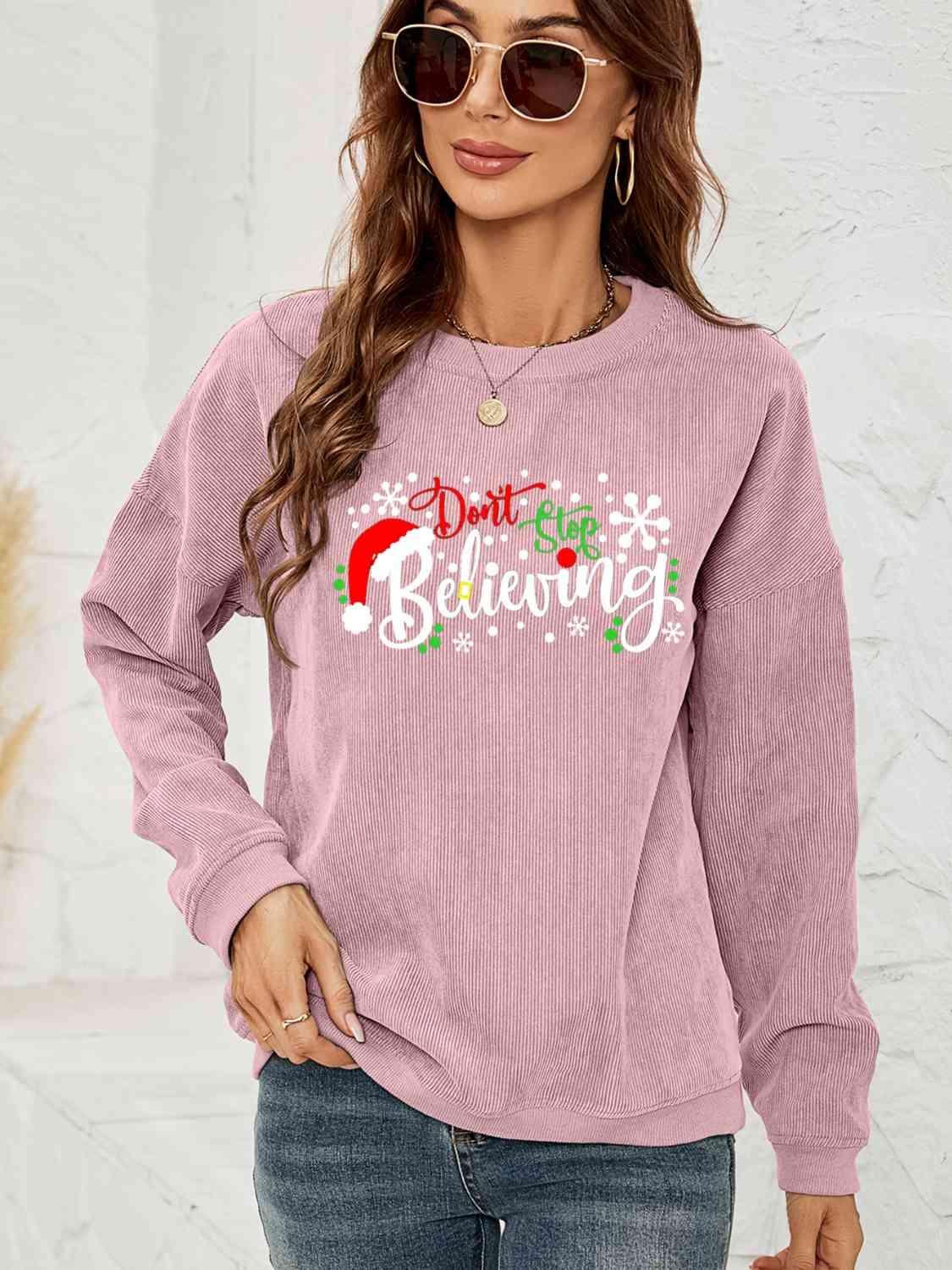 Don't Stop Believing Graphic Christmas Sweatshirt-MXSTUDIO.COM