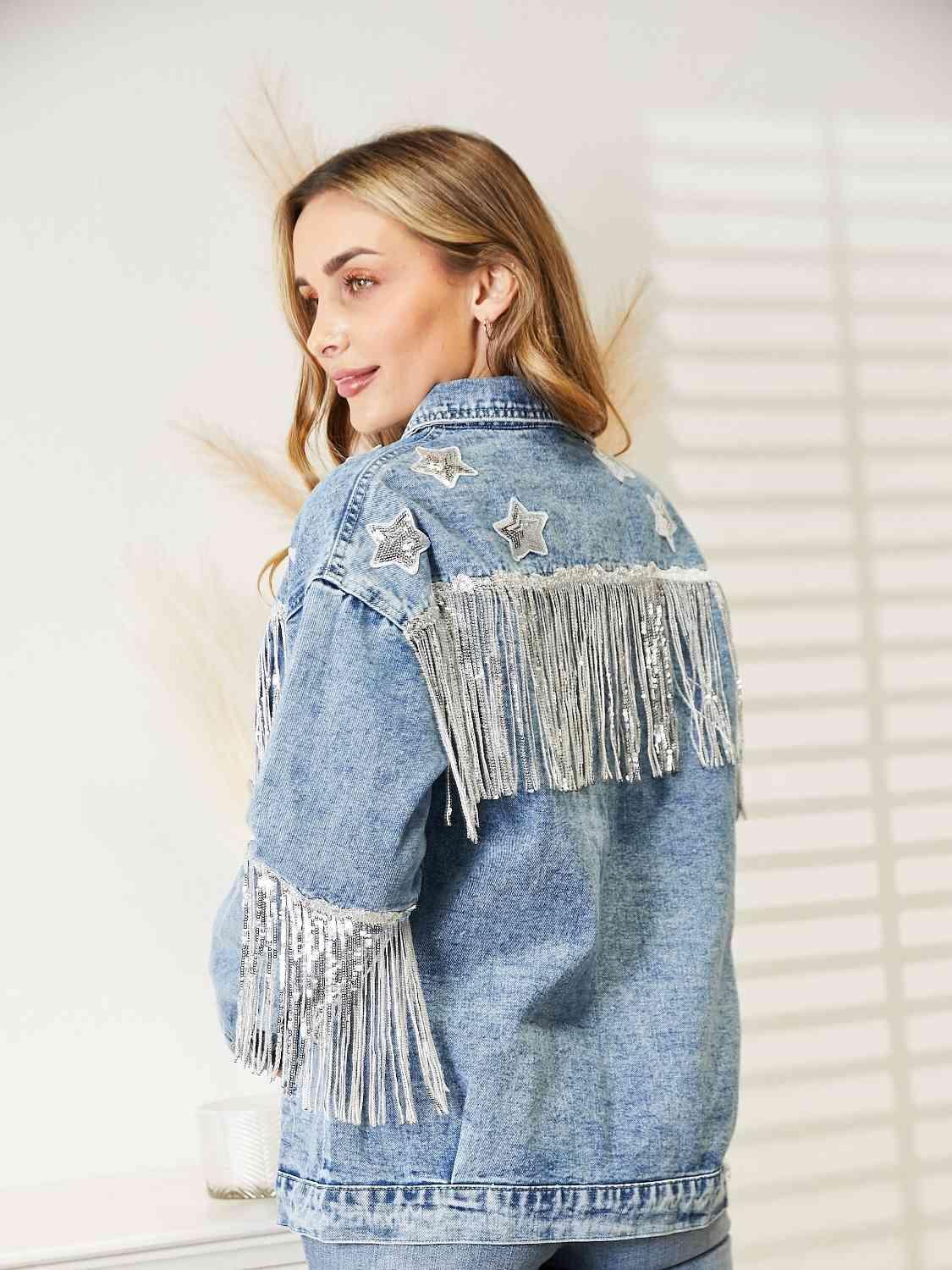 Double The Joy Long Sleeve Fringe Denim Jacket - MXSTUDIO.COM