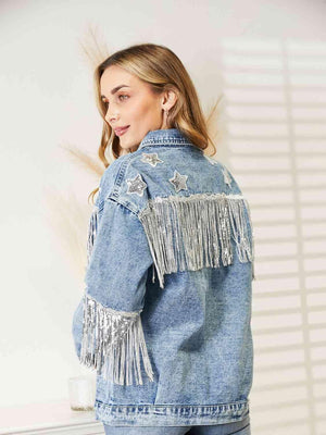 Double The Joy Long Sleeve Fringe Denim Jacket - MXSTUDIO.COM