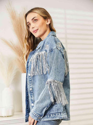 Double The Joy Long Sleeve Fringe Denim Jacket - MXSTUDIO.COM