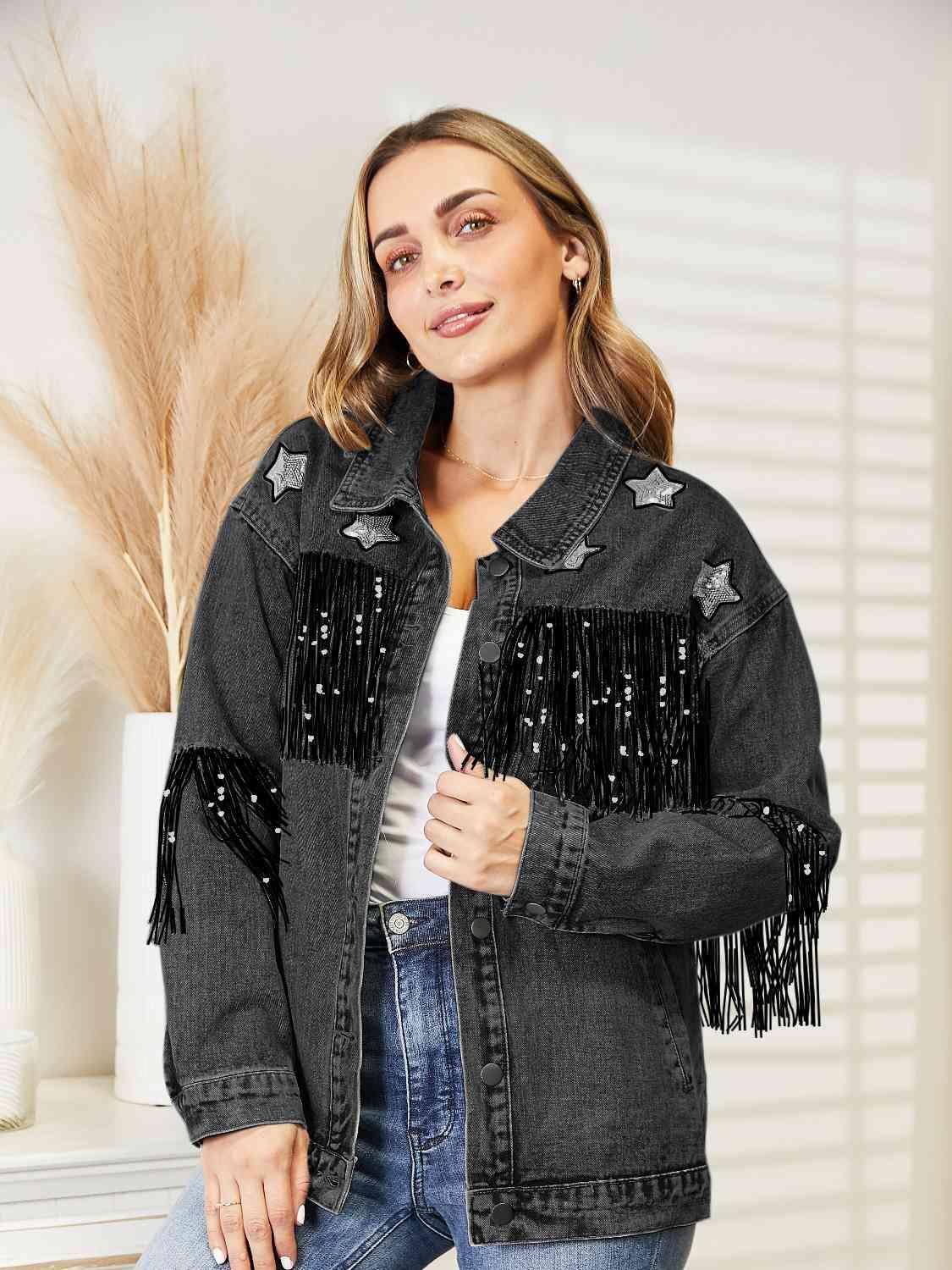 Double The Joy Long Sleeve Fringe Denim Jacket - MXSTUDIO.COM