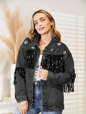 Double The Joy Long Sleeve Fringe Denim Jacket - MXSTUDIO.COM