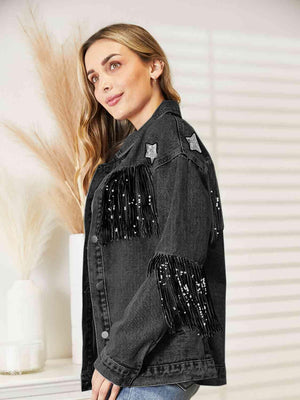 Double The Joy Long Sleeve Fringe Denim Jacket - MXSTUDIO.COM