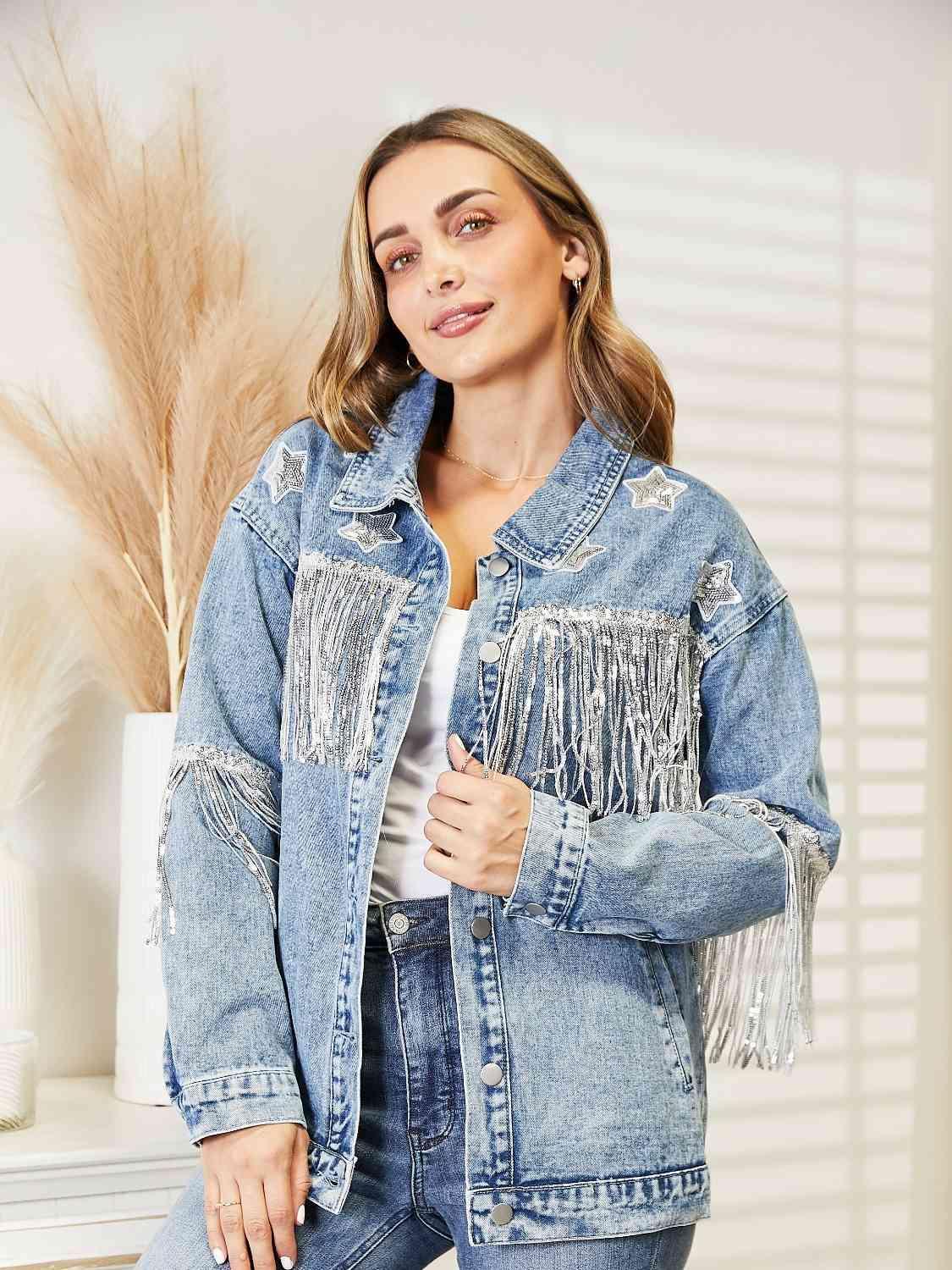Double The Joy Long Sleeve Fringe Denim Jacket - MXSTUDIO.COM