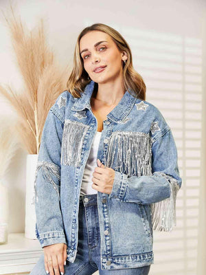 Double The Joy Long Sleeve Fringe Denim Jacket - MXSTUDIO.COM