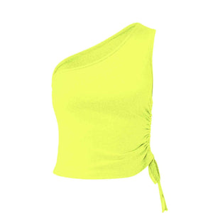 a woman wearing a yellow top with a knot on the side