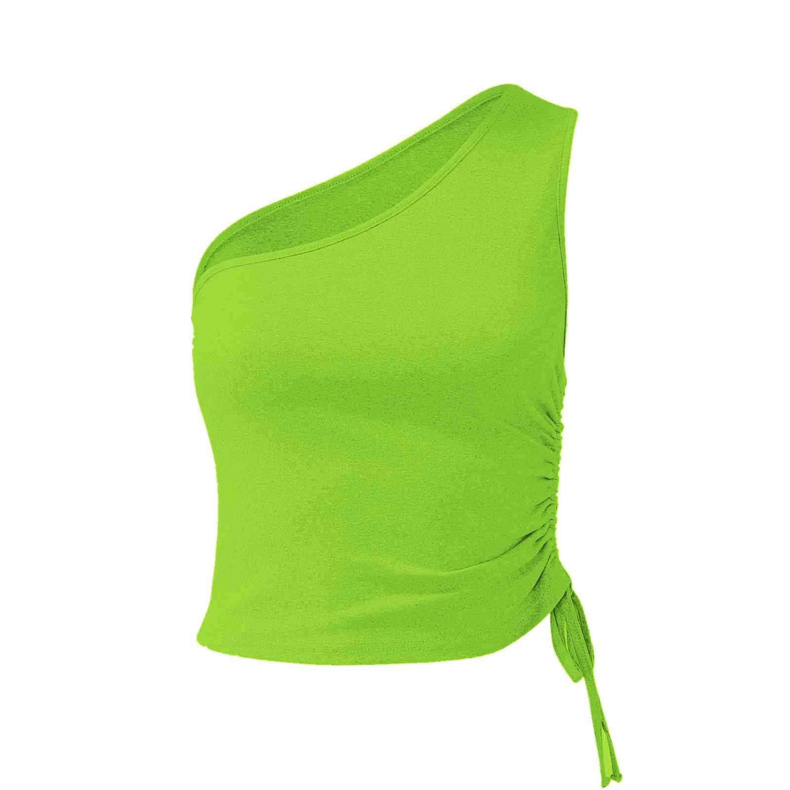 a woman wearing a green top with a knot on the side