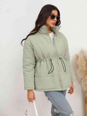 Drawstring Waist Zip-Up Light Green Puffer Jacket - MXSTUDIO.COM