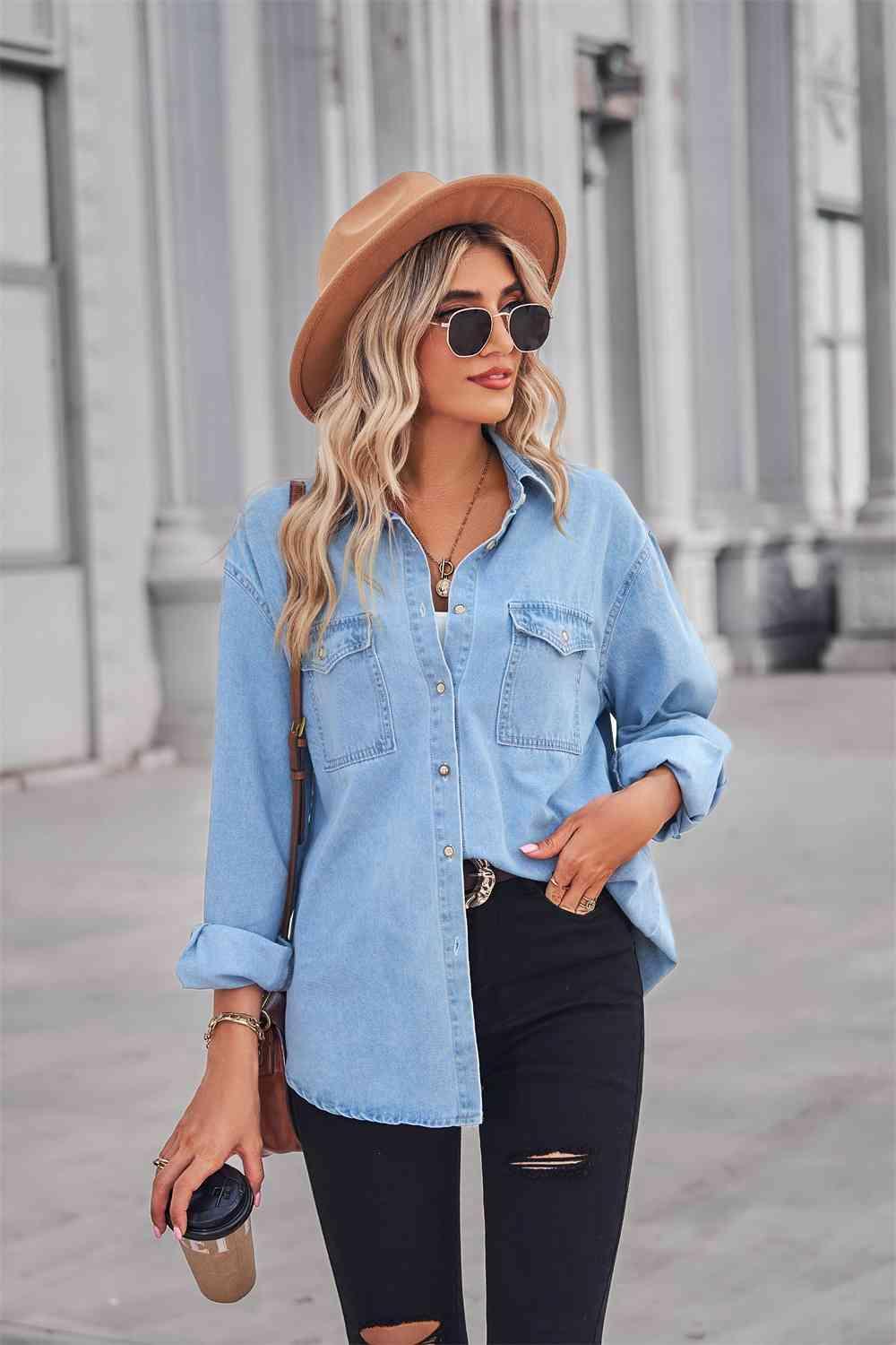 Dropped Shoulder Denim Long Sleeve Shirt - MXSTUDIO.COM