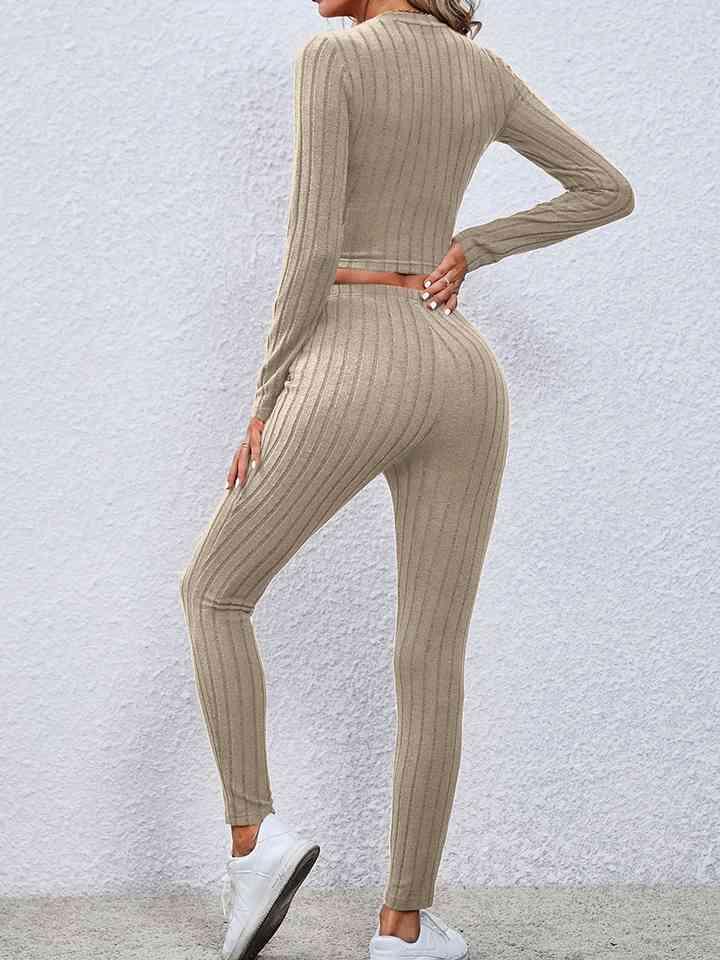a woman wearing a tan rib knit set