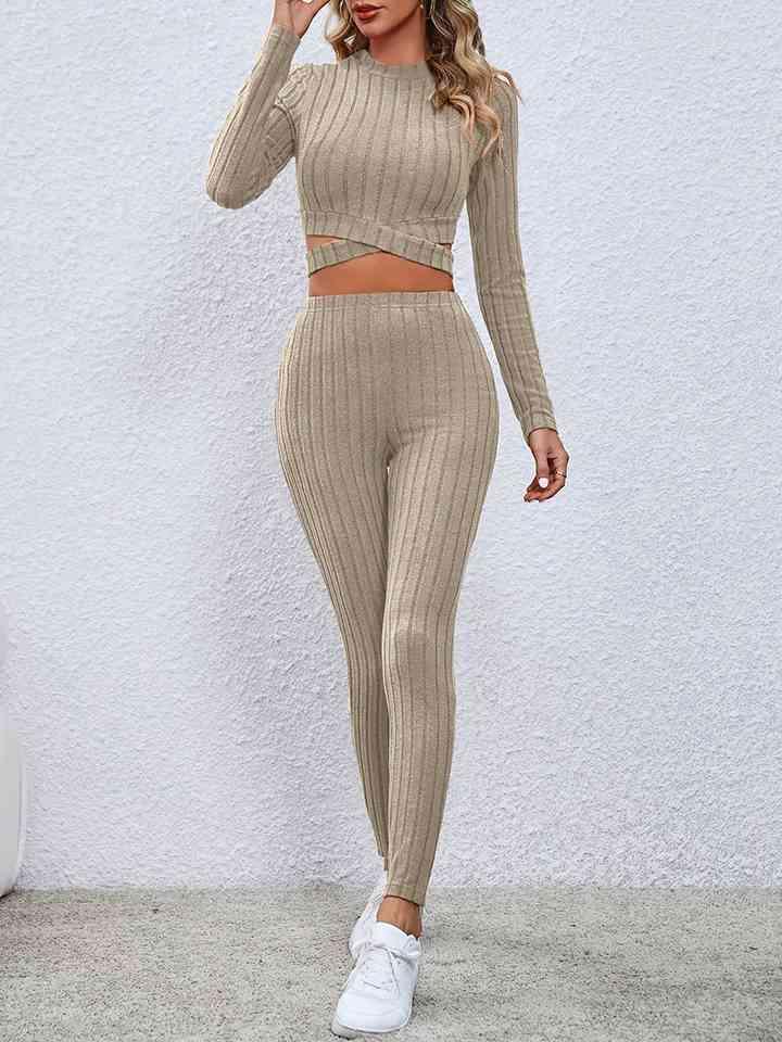 a woman wearing a tan rib knit two piece set