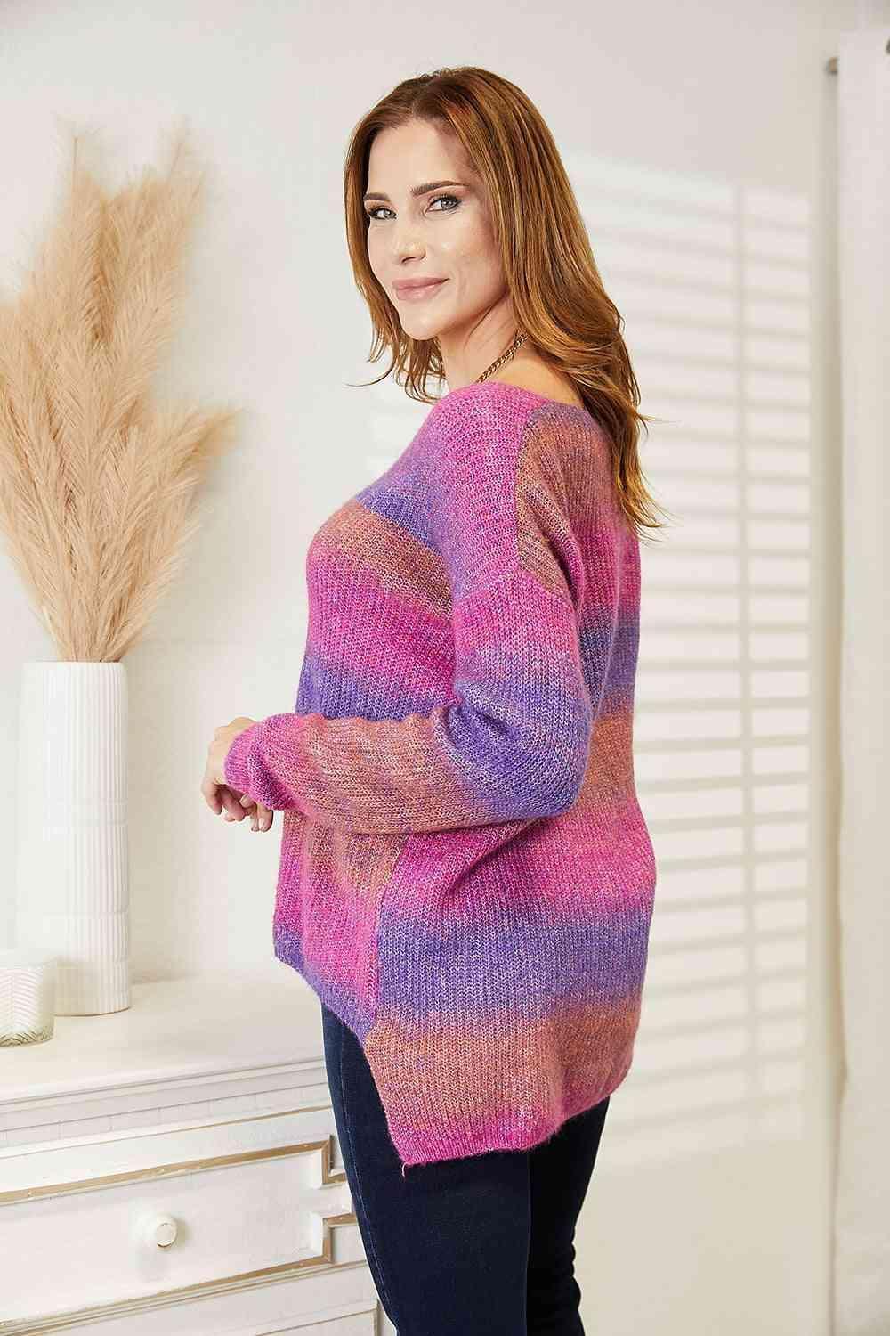 Ease And Warmth Rib-Knit V-Neck Knit Purple Sweater - MXSTUDIO.COM