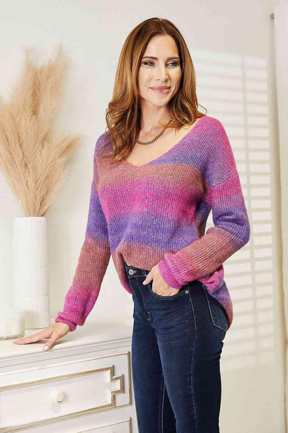 Ease And Warmth Rib-Knit V-Neck Knit Purple Sweater - MXSTUDIO.COM