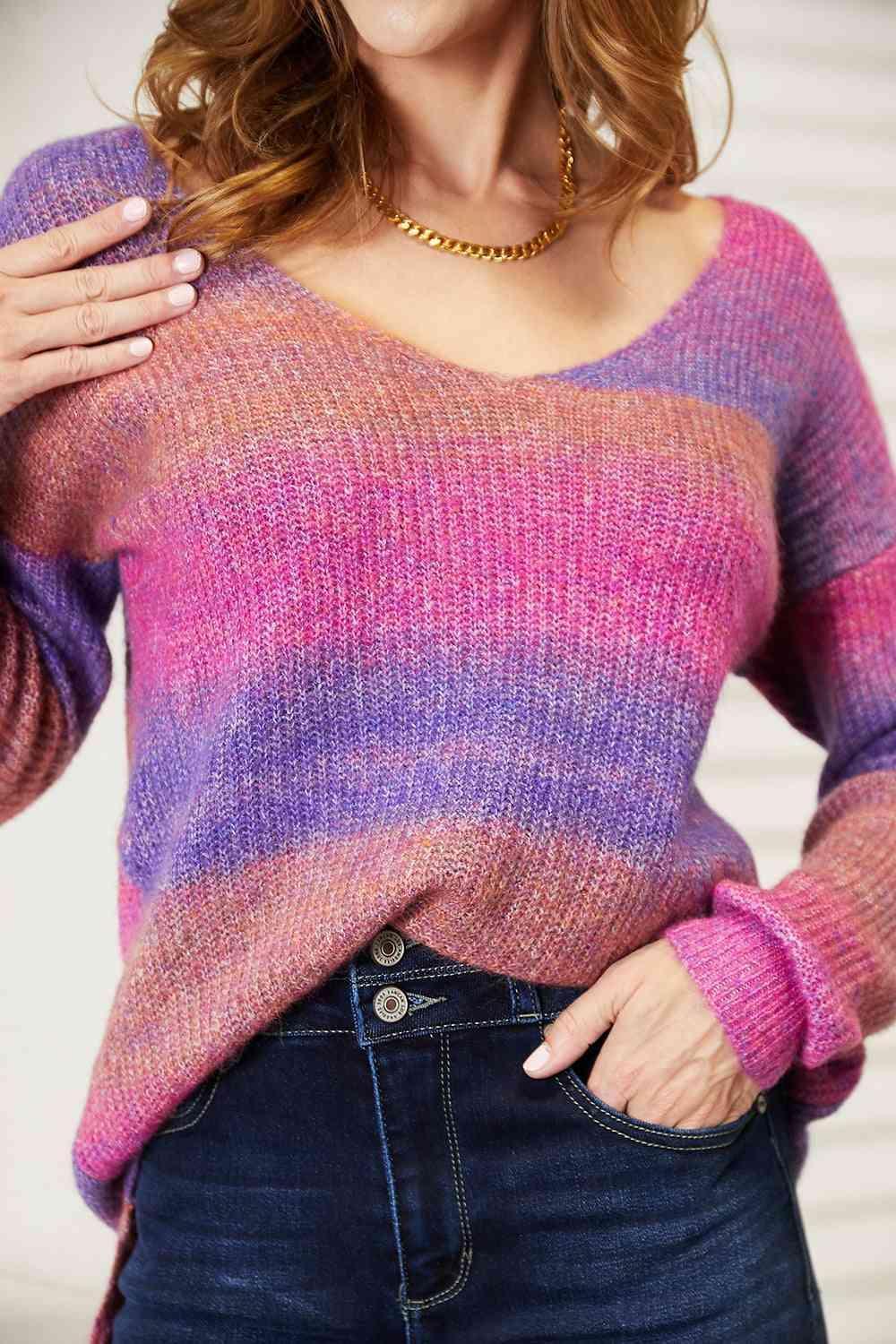 Ease And Warmth Rib-Knit V-Neck Knit Purple Sweater - MXSTUDIO.COM