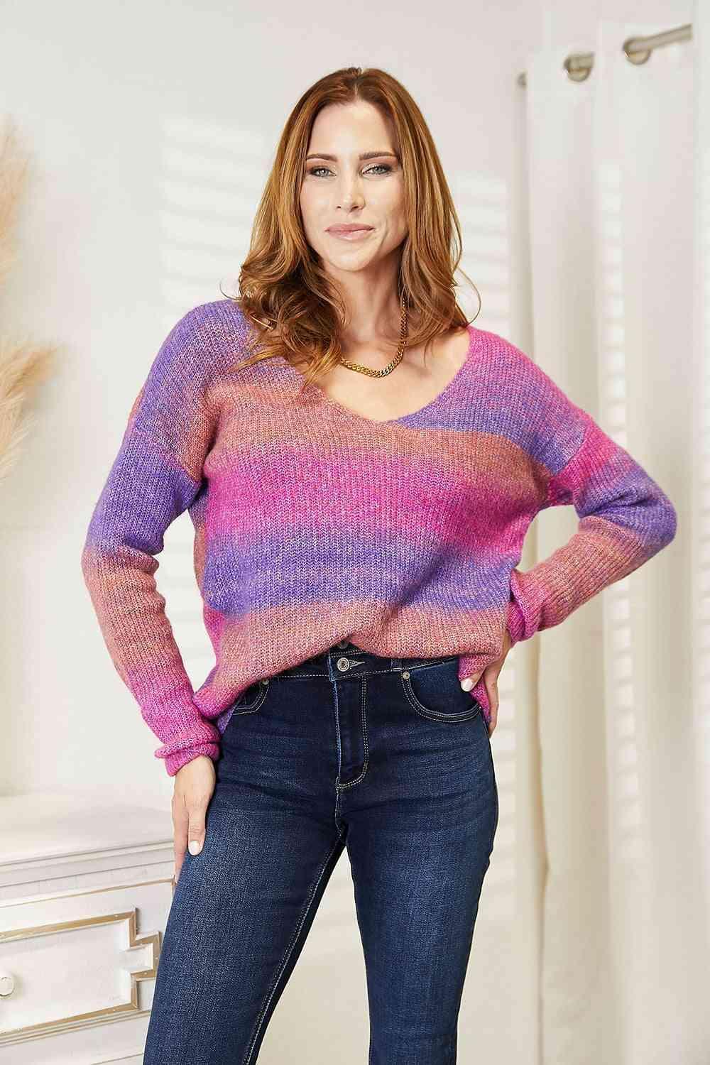 Ease And Warmth Rib-Knit V-Neck Knit Purple Sweater - MXSTUDIO.COM