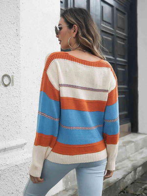 Easeful Drop Shoulder Striped V Neck Sweater - MXSTUDIO.COM