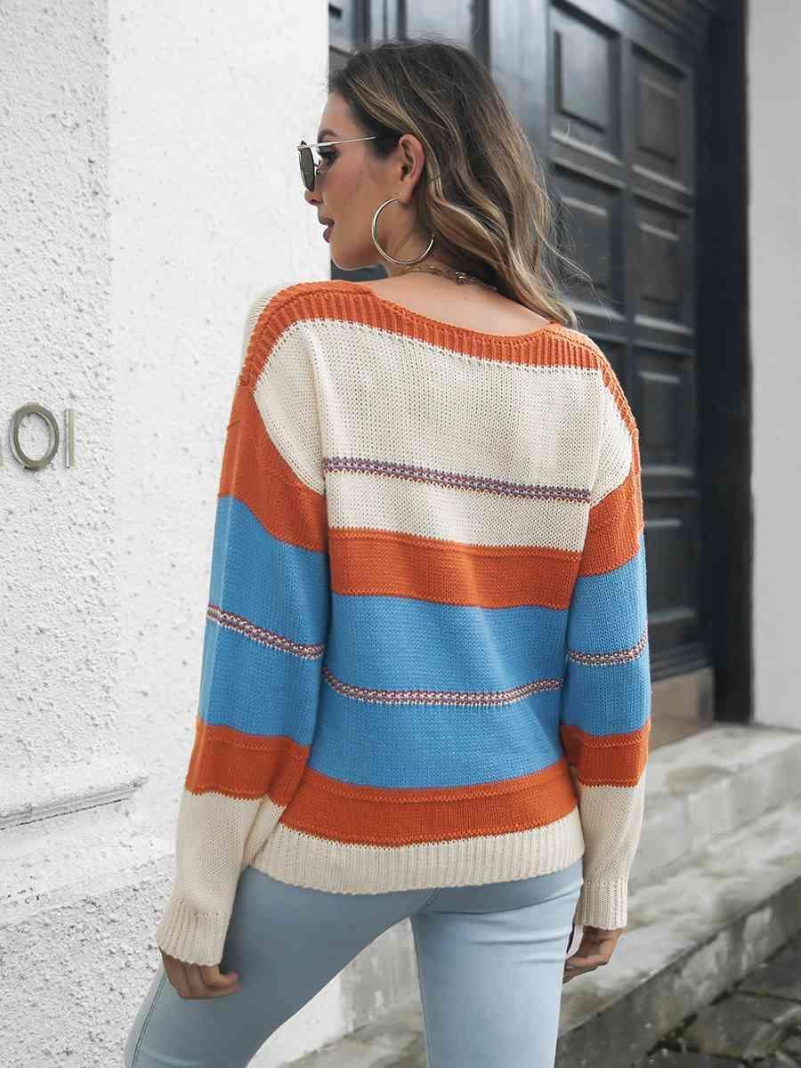 Easeful Drop Shoulder Striped V Neck Sweater - MXSTUDIO.COM