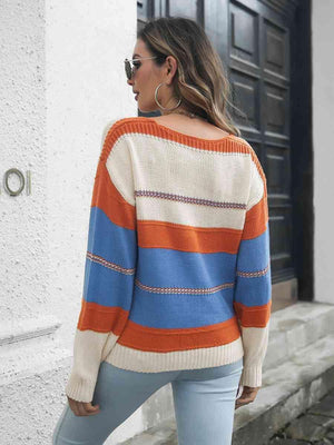 Easeful Drop Shoulder Striped V Neck Sweater - MXSTUDIO.COM