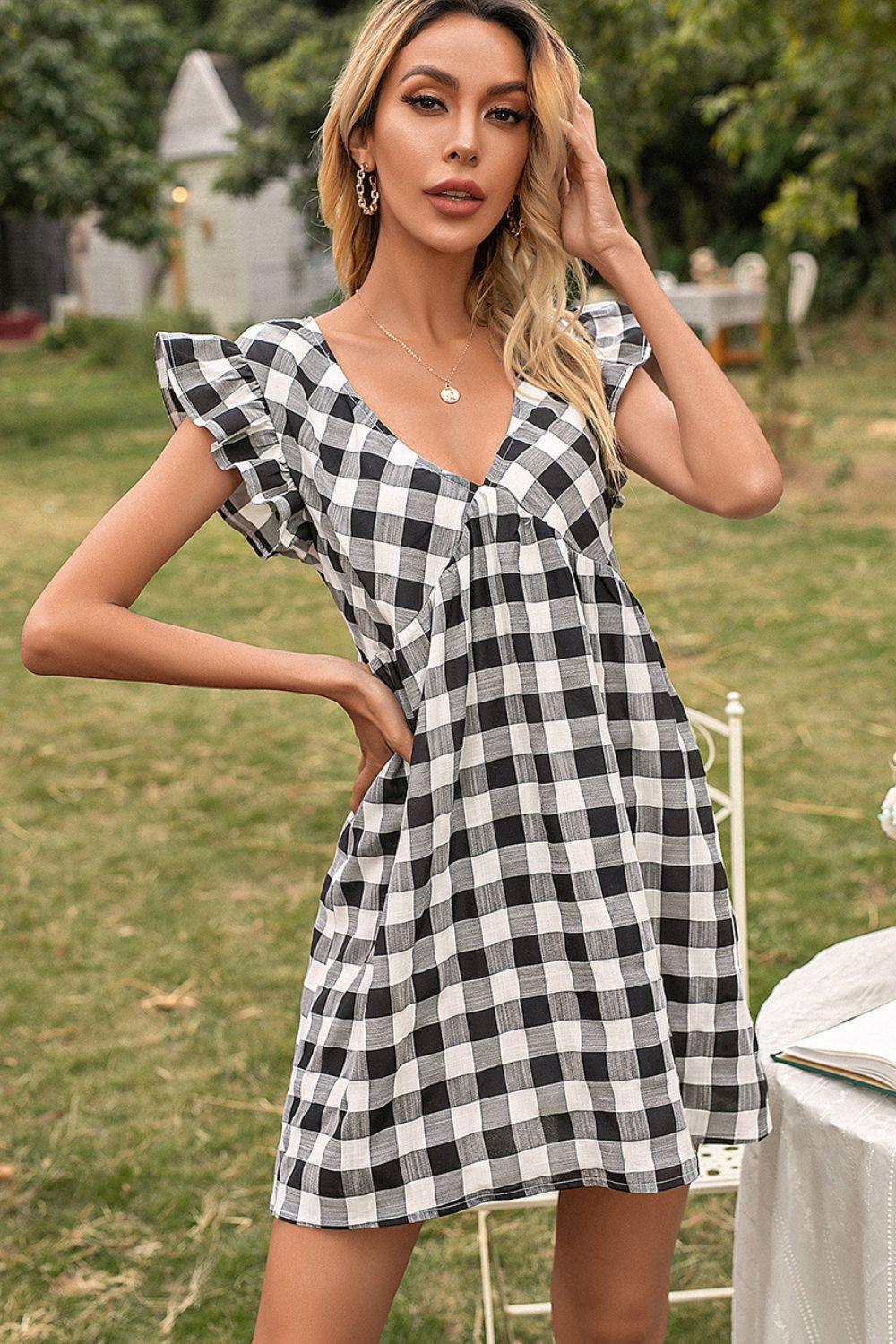 Easy Breezy Butterfly Sleeve Gingham Mini Dress - MXSTUDIO.COM