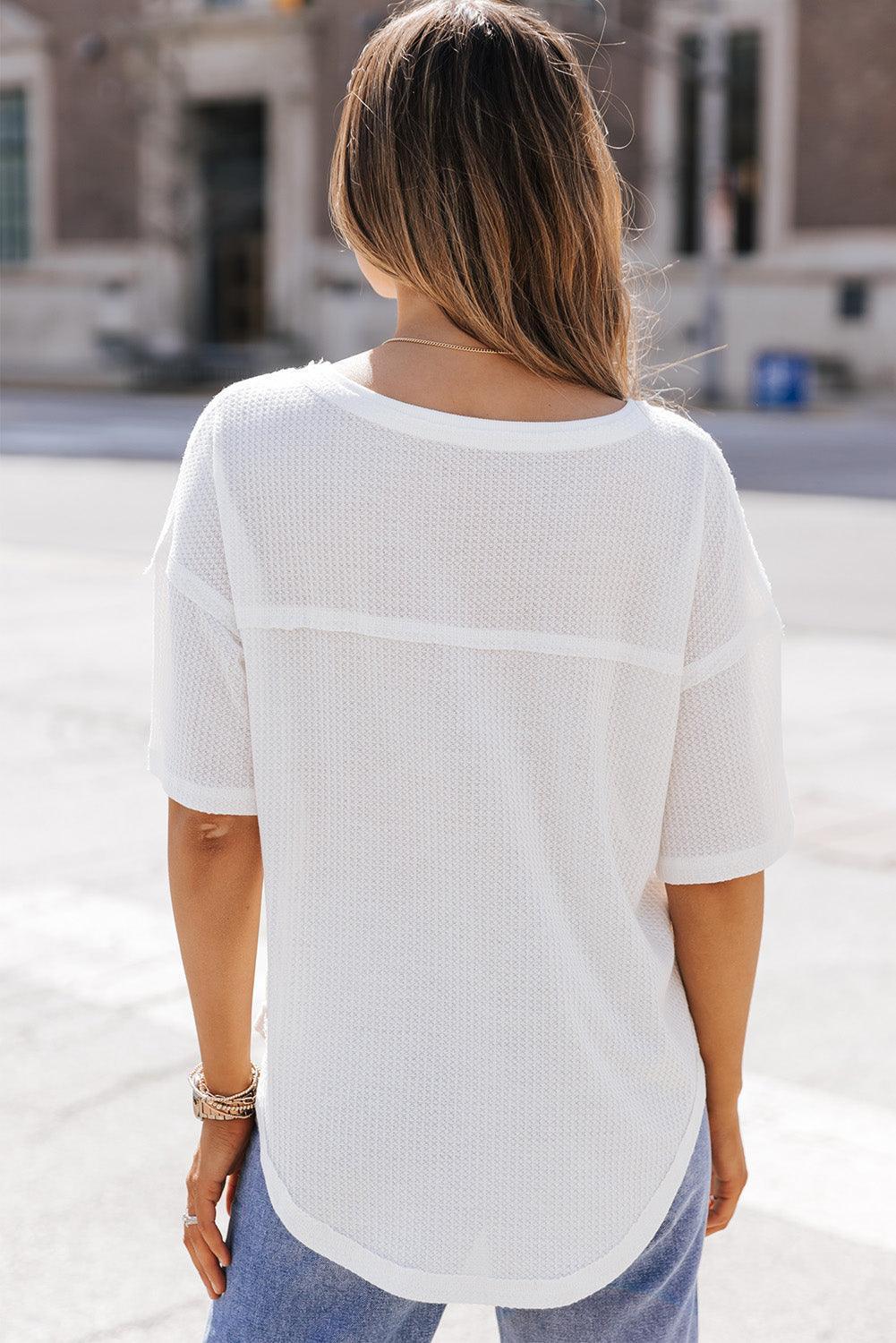 Easy-Peasy Waffle-Knit V Neck Short Sleeve Blouse - MXSTUDIO.COM