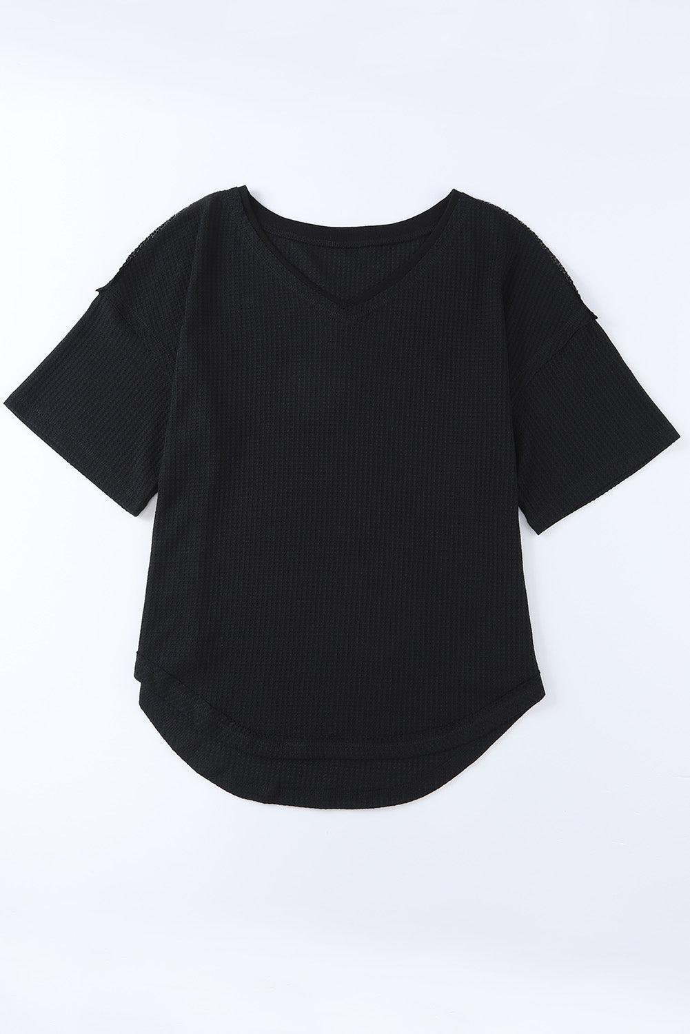 Easy-Peasy Waffle-Knit V Neck Short Sleeve Blouse - MXSTUDIO.COM