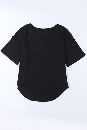 Easy-Peasy Waffle-Knit V Neck Short Sleeve Blouse - MXSTUDIO.COM
