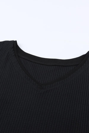 Easy-Peasy Waffle-Knit V Neck Short Sleeve Blouse - MXSTUDIO.COM