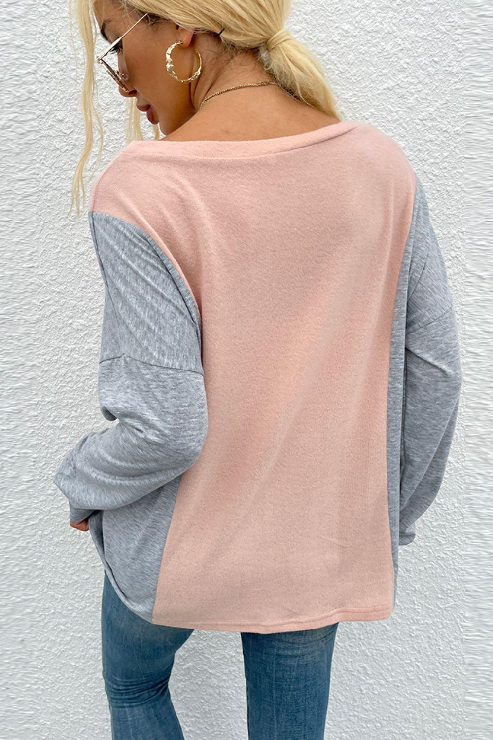 Easy V Neck Color Block Long Sleeve Top - MXSTUDIO.COM