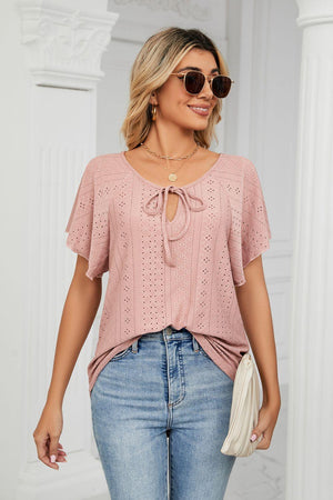 Easygoing Eyelet Tie Neck Short Sleeve Blouse - MXSTUDIO.COM