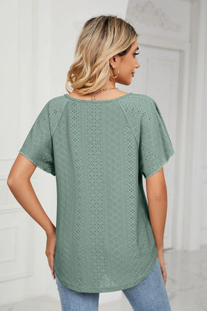 Easygoing Eyelet Tie Neck Short Sleeve Blouse - MXSTUDIO.COM