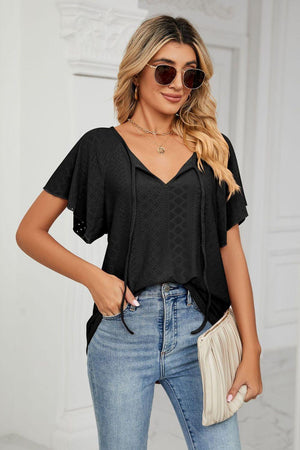 Easygoing Eyelet Tie Neck Short Sleeve Blouse - MXSTUDIO.COM