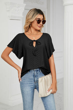 Easygoing Eyelet Tie Neck Short Sleeve Blouse - MXSTUDIO.COM
