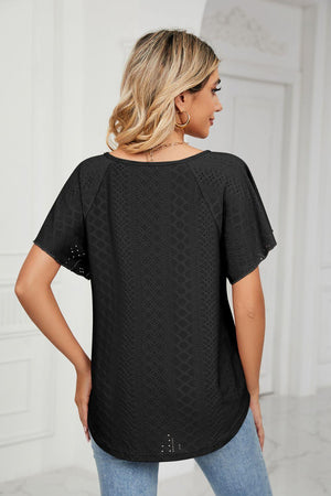Easygoing Eyelet Tie Neck Short Sleeve Blouse - MXSTUDIO.COM