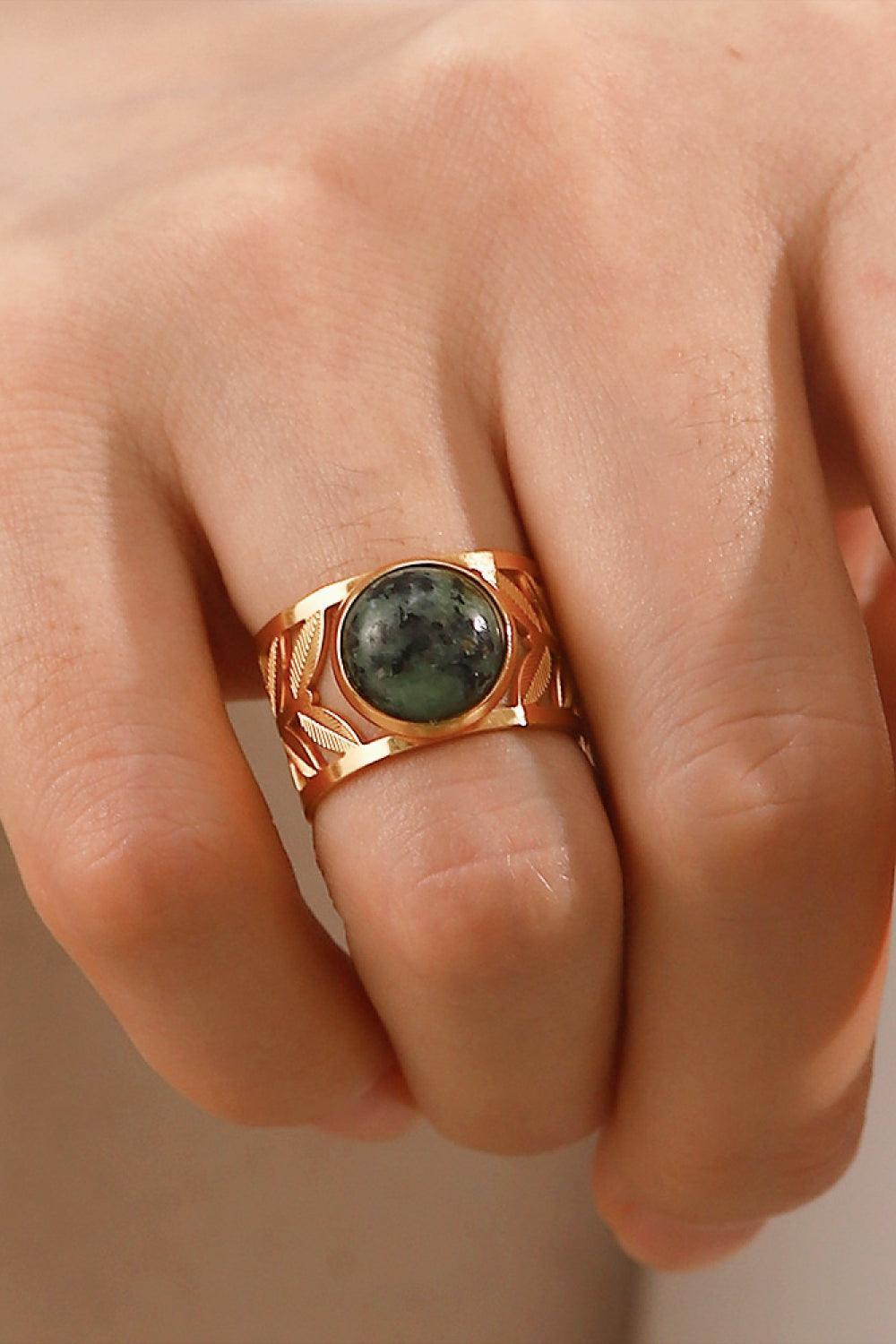 18k Gold Plated Malachite Leaf Ring - MXSTUDIO.COM