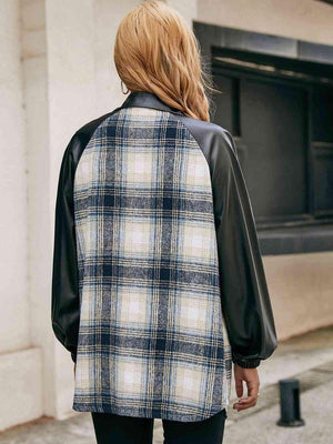 Edgy Plaid Jacket With Leather Sleeve-MXSTUDIO.COM