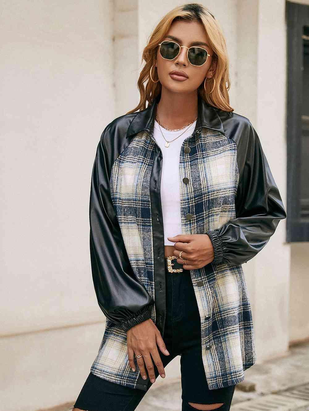 Edgy Plaid Jacket With Leather Sleeve-MXSTUDIO.COM