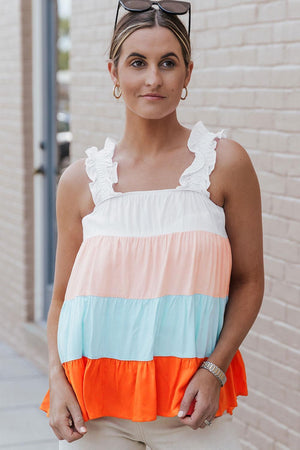 Effervescent Ruffle Strap Color Block Tank Top - MXSTUDIO.COM