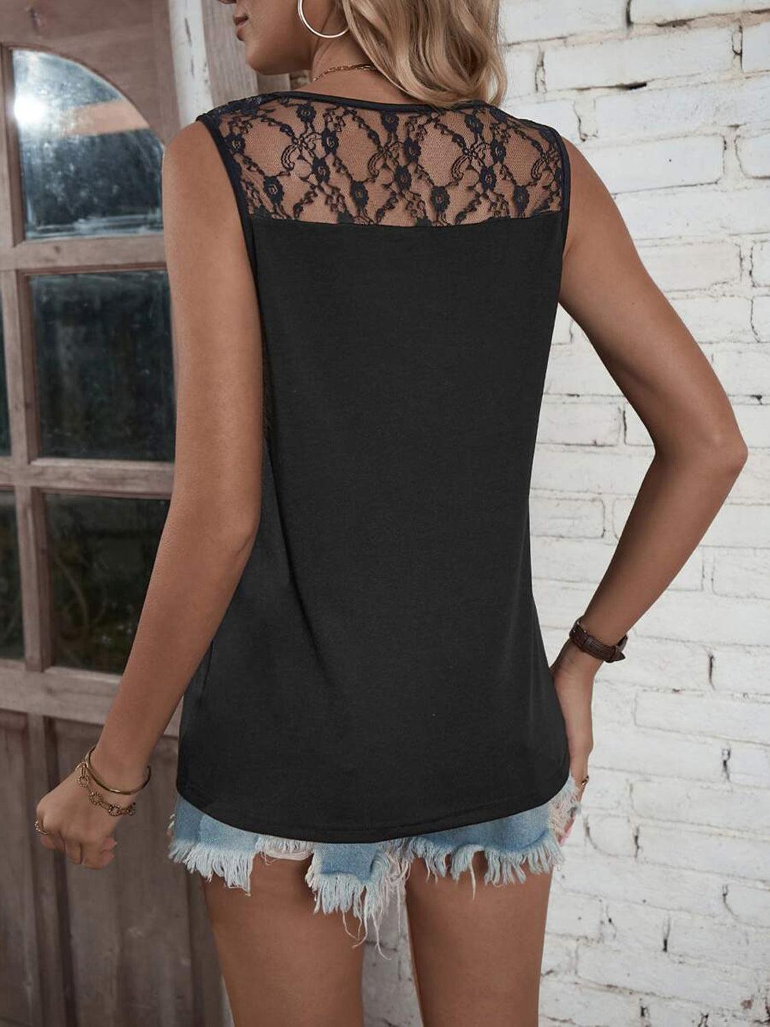 a woman wearing a black top with a lace back